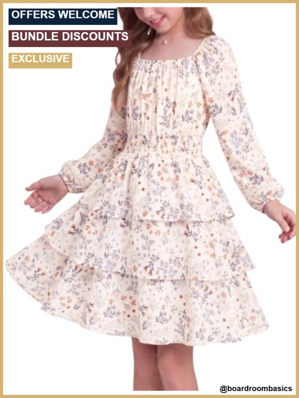 Girls Long Sleeve Floral Smocked Waist Tiered Square Neck Dress